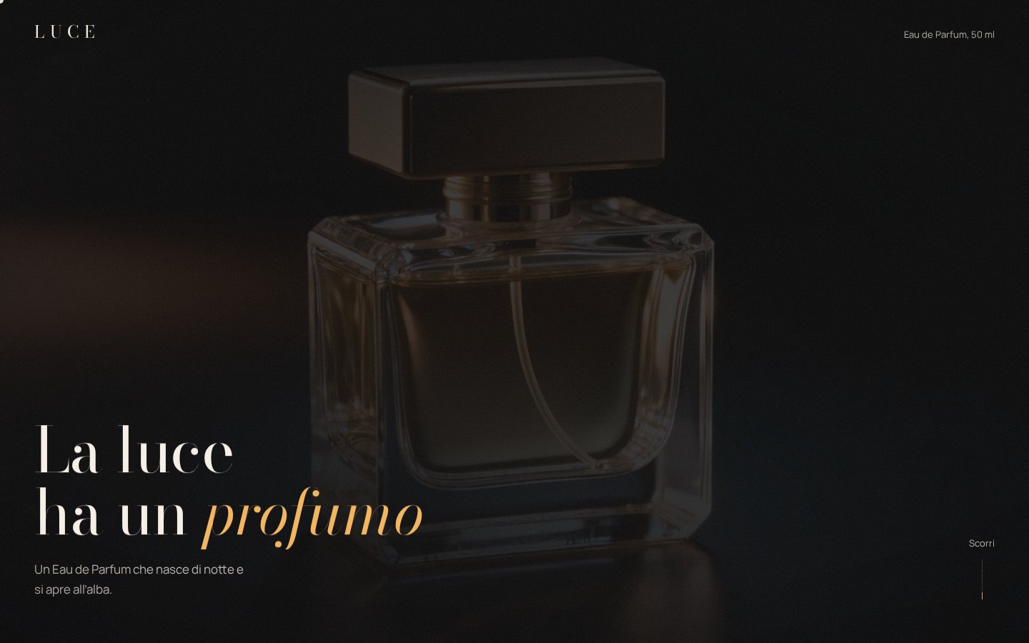 LUCE perfume landing page with a glass bottle on a dark background